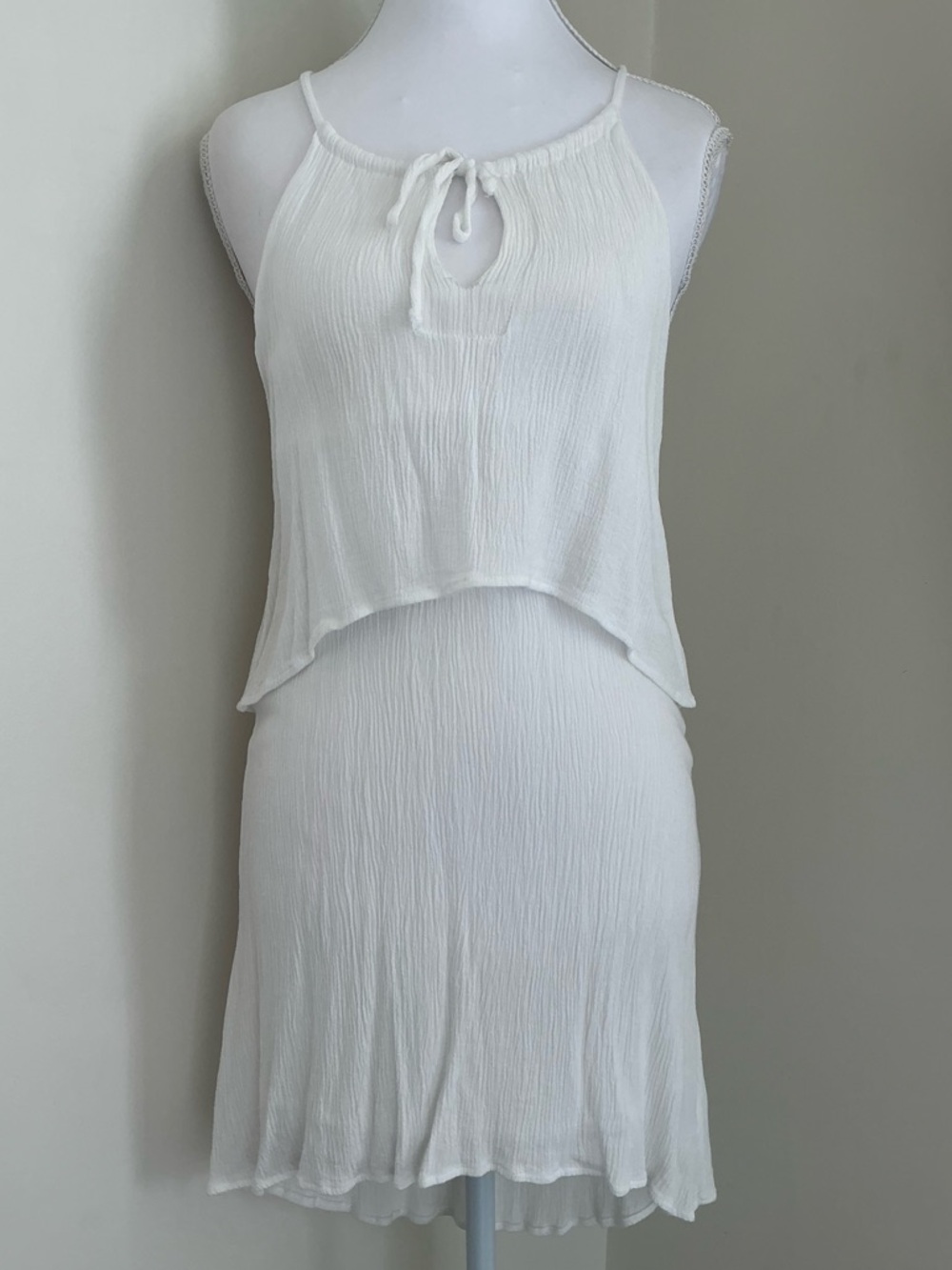Splendid White Mini Dress with Tie Neckline